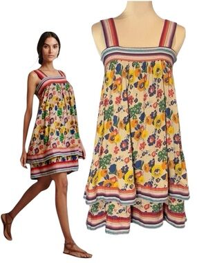 WARM NY Babydoll Mini Dress Sz.XS Tiered Floral Smocked Back Sundress Boho